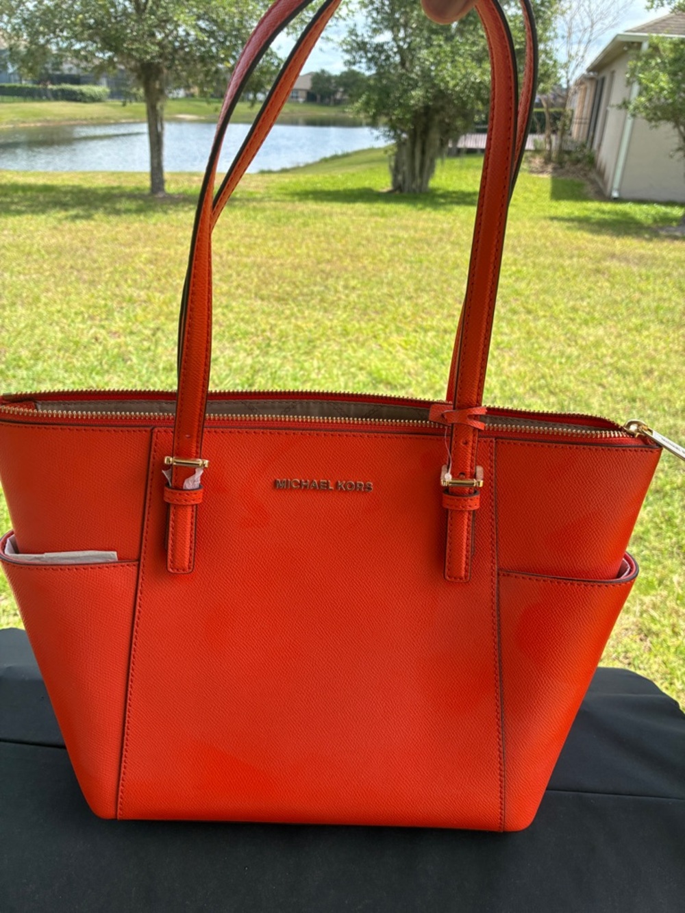 Michael Kors Bright Orange Saffiano Leather Tote with Gold Hardware